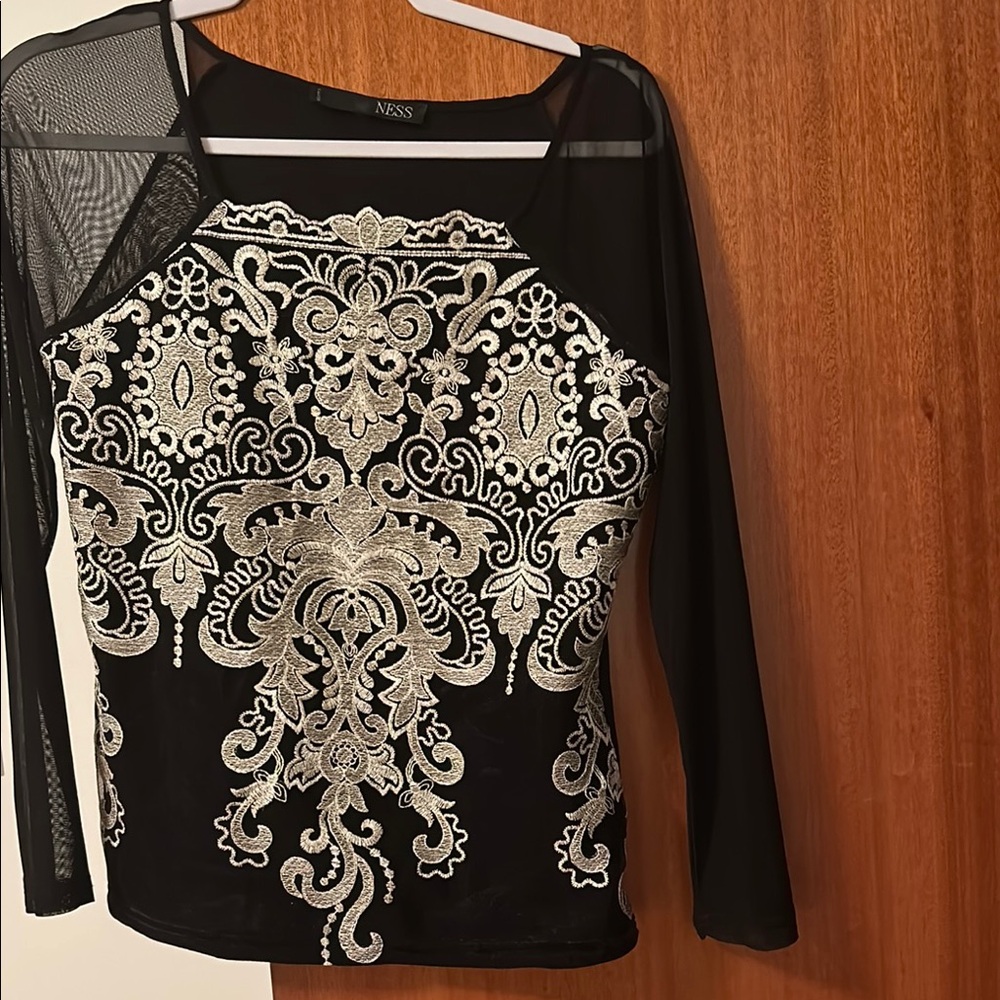 Black and Silver Embroidered Women's Top